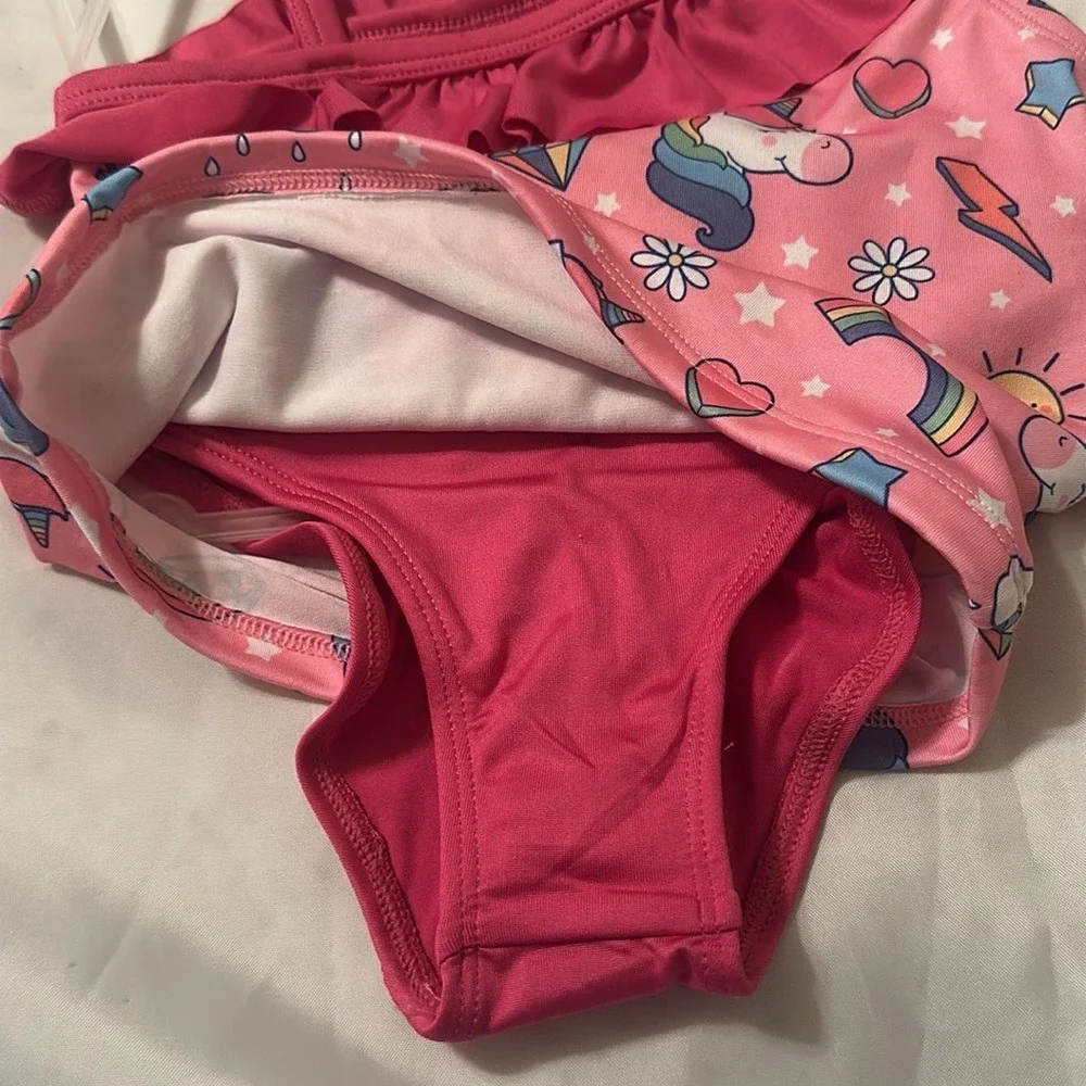 Bobbie Brooks Girls Unicorn Rainbow Ruffle One Shoulder Tankini Swimsuit XS 4/5